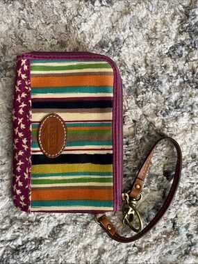 Fossil Striped Vinyl Wristlet with Magenta Trim and Brown Leather Strap